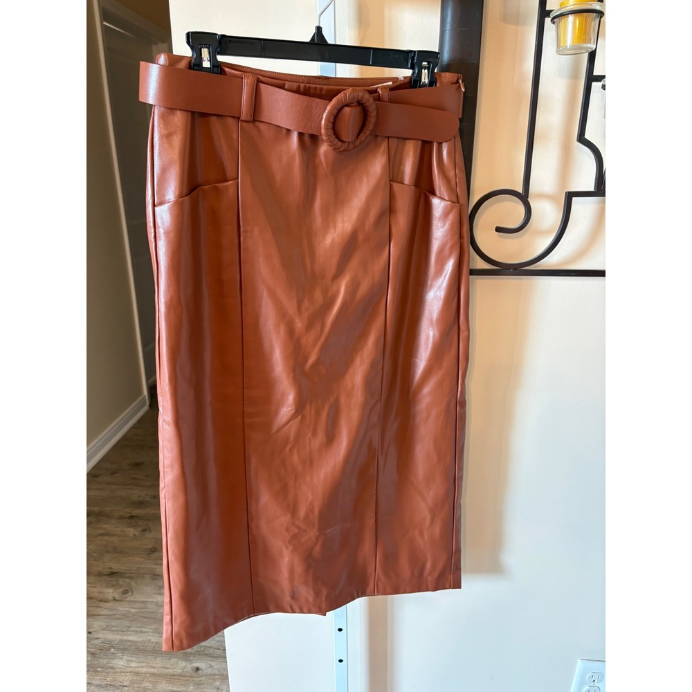 Versona Cognac Brown Faux Leather Belted Pencil Skirt Modern Size 8 NWT